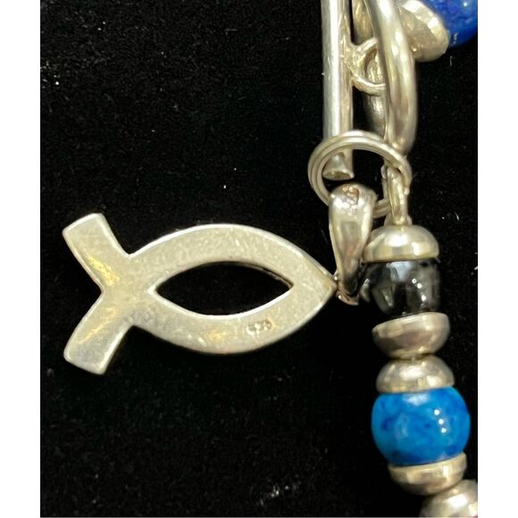 Sterling  Beaded Bracelet Multi-Gemstone Faith Fish Charm & Toggle Clasp, 17g - Picture 3 of 3